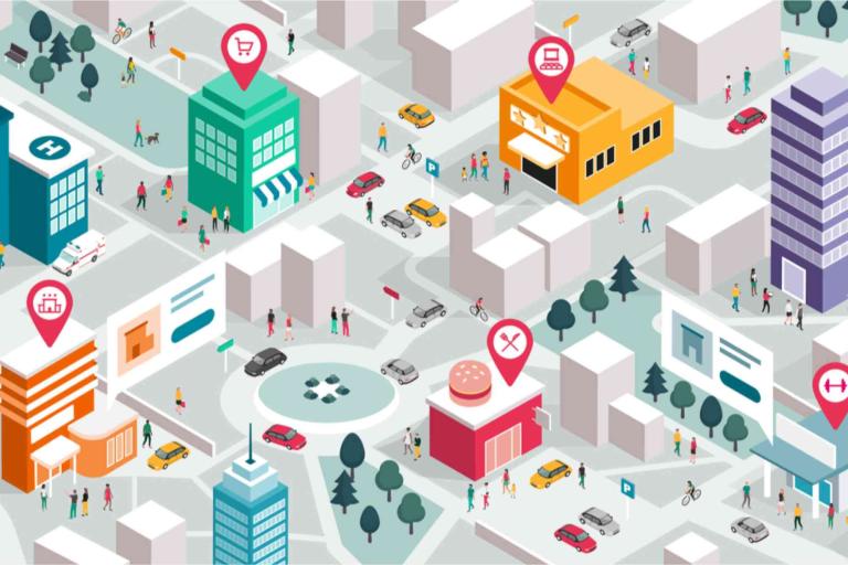 Illustration of a city with buildings, cars, and people; icons mark locations for shopping, dining, a hospital, a gym, and public transport.