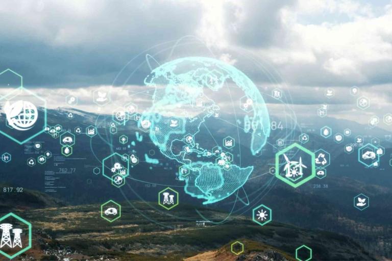 Digital icons representing energy and environmental concepts are overlaid on a landscape with mountains and cloudy sky in the background.