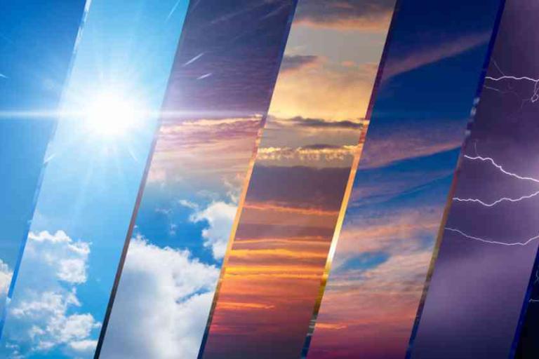 Image showing segmented panels of different weather conditions, including sunny skies, clouds, sunset, and a thunderstorm with lightning.