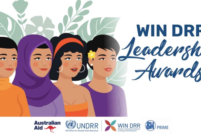 Illustration of four diverse women with text "WIN DRR Leadership Awards" and logos of Australian Aid, UNDRR, WIN DRR, and SM Prime at the bottom.