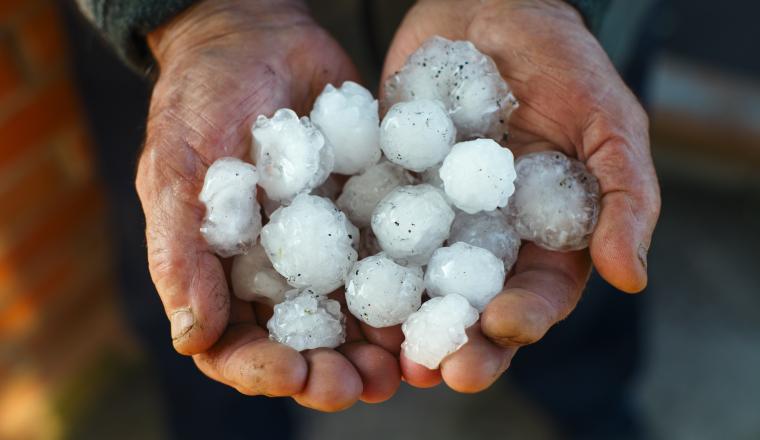 A man holds a bunch of hail stones in his hands.
