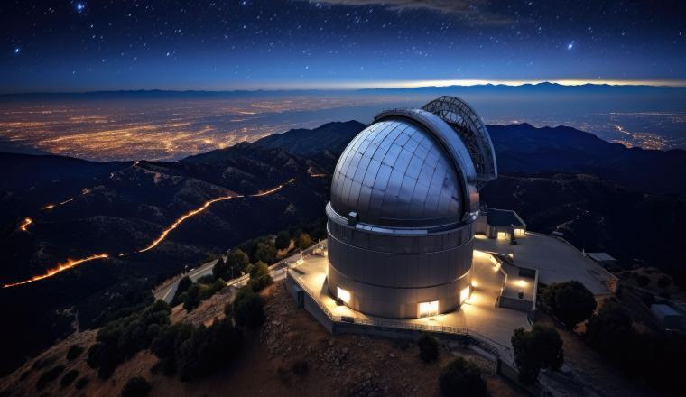 The observatory is lit up at night.