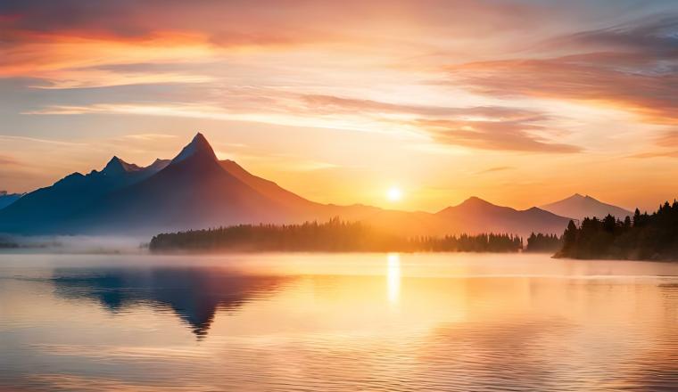 Sunrise over a lake with mountains in the background.