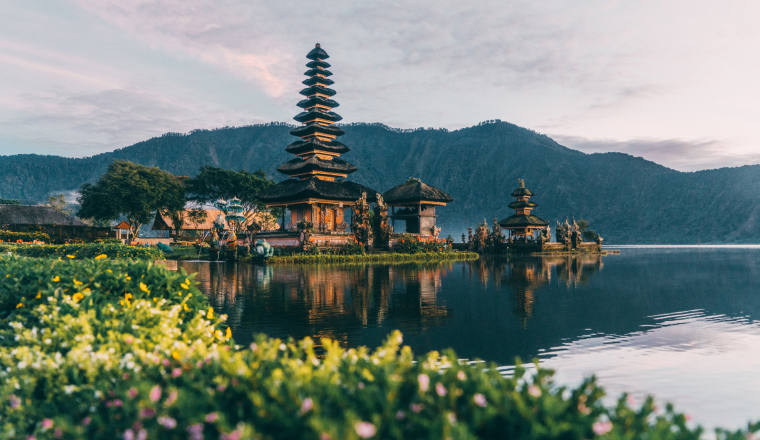 A temple on a lake in bali, indonesia.