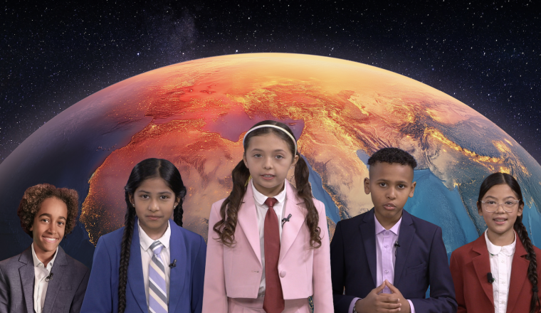 Five young students in formal attire with a cosmic background featuring a large, celestial body resembling mars.