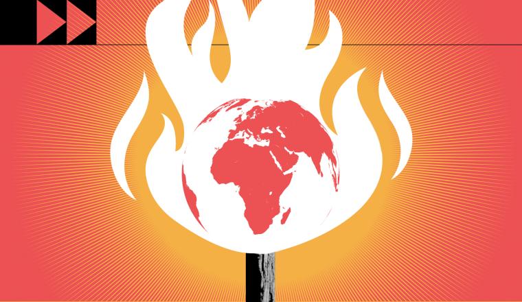 Illustration of Earth on fire with flames encircling it, set against a red and yellow background with radial lines.