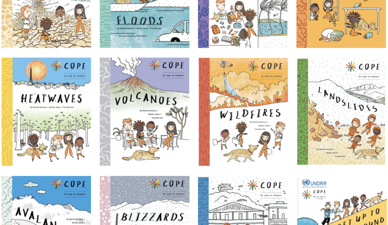 Collection of COPE books featuring illustrations on different natural disasters, including droughts, floods, cyclones, earthquakes, heatwaves, volcanoes, wildfires, landslides, avalanches, blizzards, and storm surges.
