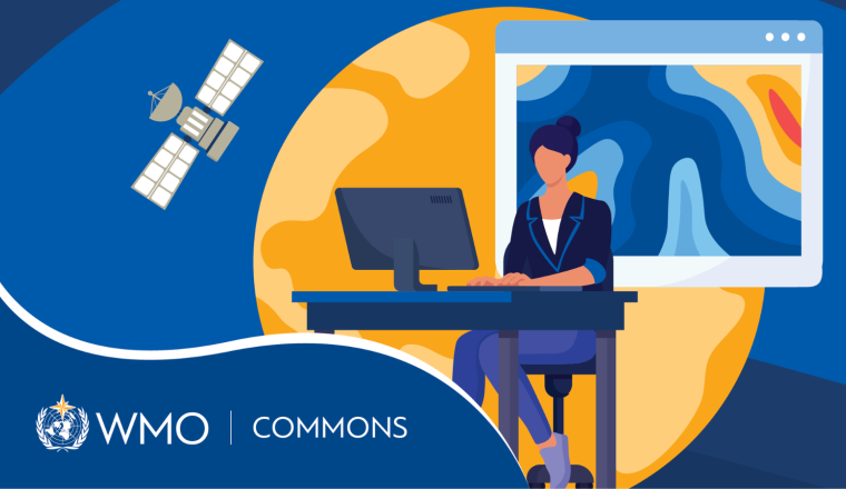 Illustration of a person at a desk using a computer, with a satellite, a weather map, and the WMO Commons logo in the background.