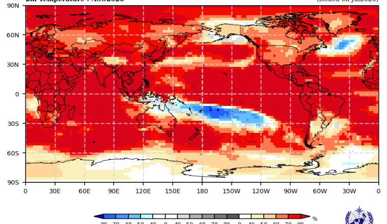 A world map showing projected 2m temperature anomalies for August-October 2026, with most regions above normal, especially in the Northern Hemisphere.