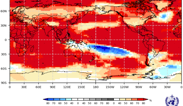 World map showing projected 2m temperature anomalies for Sep–Nov 2026; most regions show above-normal temperatures, with some below-normal areas near Australia and the southern Pacific.
