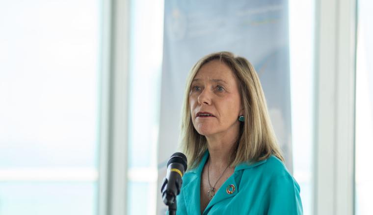 A woman in a turquoise dress stands at a podium, speaking into a microphone in a bright room with large windows.