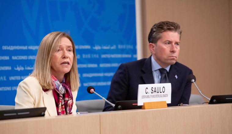 A woman and a man sit at a conference table with microphones; a nameplate reads “C. SAULO” in front of the man.