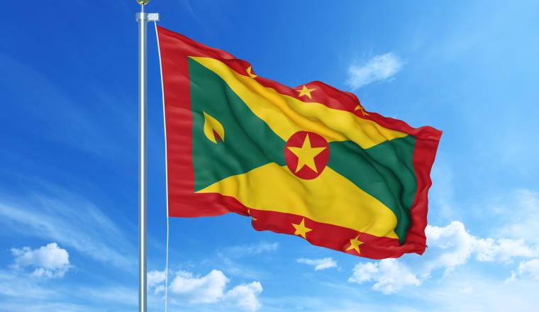The national flag of Grenada flying on a flagpole against a blue sky.