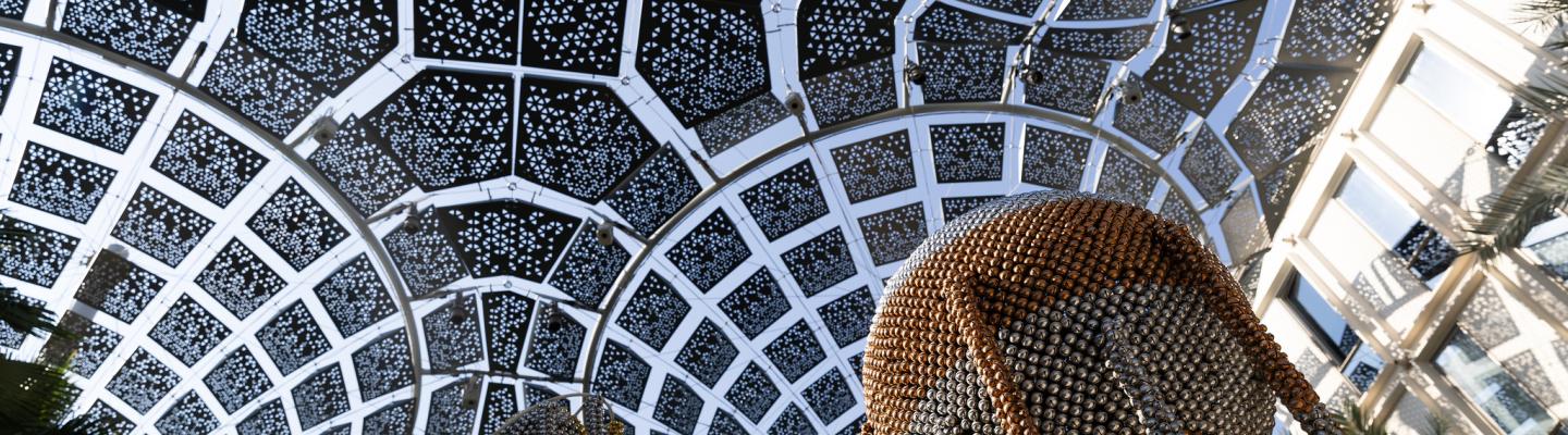 The ceiling of a building has a pattern on it.