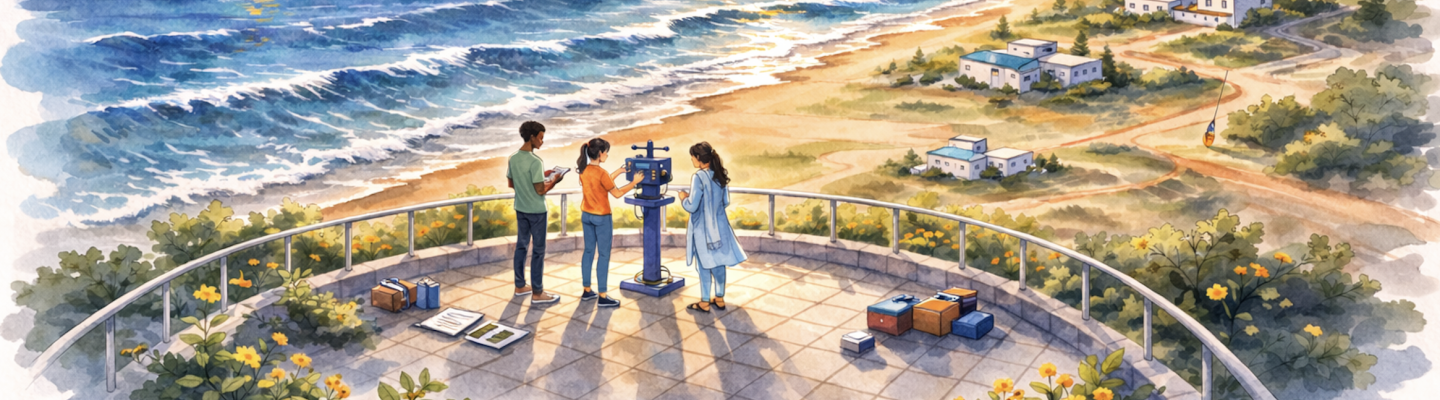 Three people stand on a seaside observation deck with equipment, overlooking the ocean, beach, boats, and coastal buildings under a setting sun.
