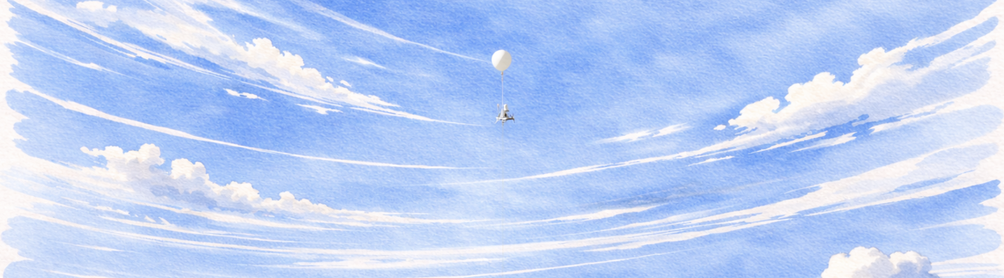 A single person sits beneath a white balloon floating high in the sky, surrounded by wispy clouds and streaks of white against a blue background.