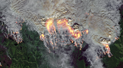 Satellite image of burning forest fire
