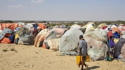 Tents in dusty displacement camp in Somalia 