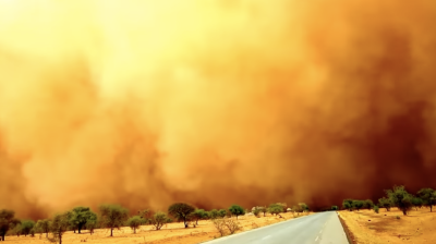 a dust storm is blowing over a road in the desert.