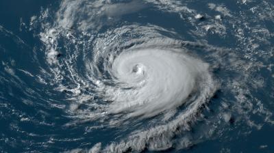 A satellite image of a hurricane in the ocean.