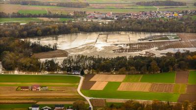 An aerial view of a flooded field.