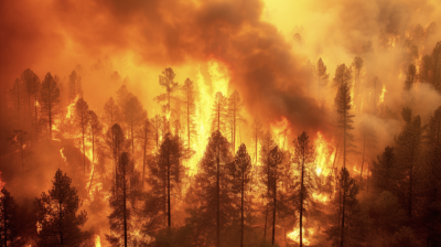 A forest fire burns through a forest.