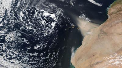 Nasa satellite image of a dust storm in the mediterranean.