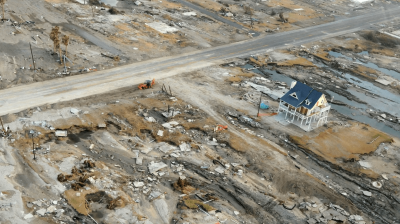 An aerial view of a destroyed house.