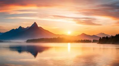 Sunrise over a lake with mountains in the background.