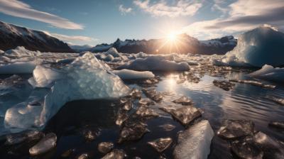 Sunset over a serene glacial lagoon with icebergs.