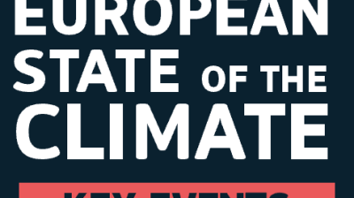 Graphic with text "european state of the climate" in large white letters on a dark blue background, with "key events" in white text on a red banner below.