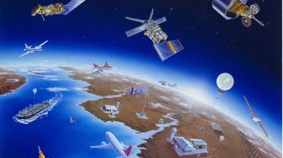 Illustration of various satellites orbiting earth with airplanes, ships, and ground stations visible, depicting global communication networks.