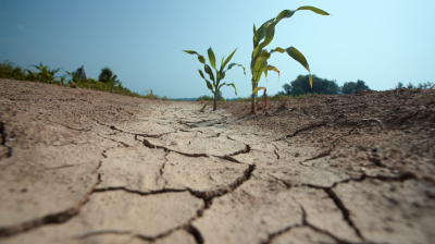 Low angle view of cracked dry earth with a few young corn plants, under a clear blue sky.