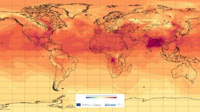 A heat map of the world displaying temperature anomalies, showing higher temperatures in dark red and lower temperatures in light orange.