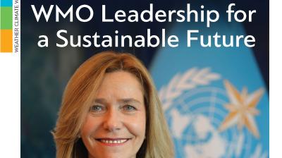 Cover of the World Meteorological Organization Bulletin, Vol. 73 (1) - 2024, featuring the headline "WMO Leadership for a Sustainable Future" with a woman smiling in front of a WMO flag background.