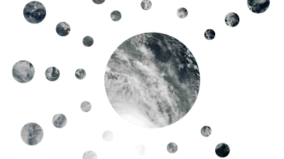 A central large circle with satellite images of clouds surrounded by smaller circles with similar images, arranged against a white background.