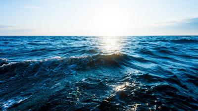 Sunlight reflecting off the wavy surface of a vast ocean under a clear sky.
