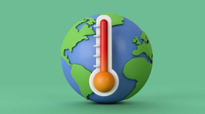 Illustration of a globe with a large thermometer showing a high temperature, symbolizing global warming.
