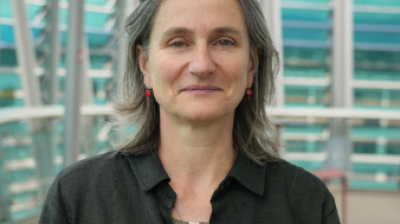 A person with shoulder-length gray hair and wearing a black shirt stands indoors against a backdrop of green architectural structures.