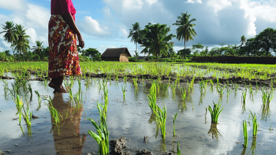 A woman in a red shirt and patterned skirt walks through a rice field. The sky is partly cloudy, and a small hut and palm trees are visible in the background.