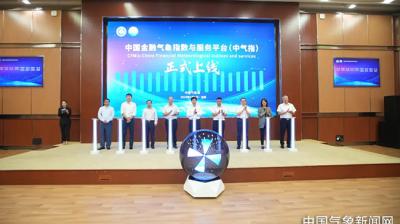 Seven individuals stand onstage behind podiums during the launch ceremony of the CMIS-China Financial Meteorological Indices and Services platform. A large screen and a globe-shaped object are in front.