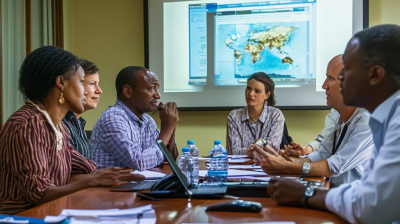 Six people sit around a conference table in a meeting room, with a world map displayed on a projection screen behind them.