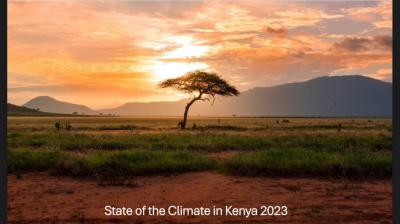 A lone tree stands in a vast savanna with a sunset sky, mountains in the background. Text reads "State of the Climate in Kenya 2023.