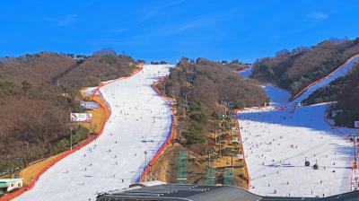 Aerial view of a snow-covered ski resort with multiple ski slopes surrounded by wooded hills, skiers and snowboarders visible on the slopes, and a clear blue sky above.