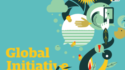 Graphic with the text "Global Initiative for Information Integrity on Climate Change," depicting symbols of nature, technology, and communication.