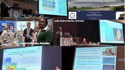 Presenters speaking and presenting at a conference. Displayed slides contain images and text related to meteorological topics.