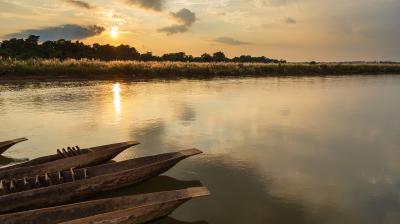 Canoes are docked by a calm river under a cloudy sky at sunset, with grass and trees in the background.