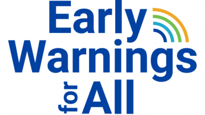 Logo with the text "Early Warnings for All" in blue and a rainbow-like arc of lines in green, yellow, and blue on the upper right.