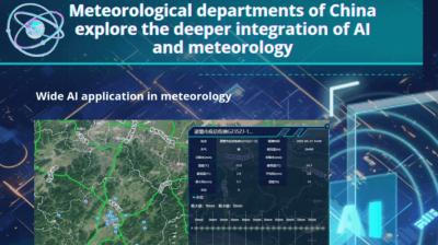 A graphic highlights China's meteorological departments using AI in meteorology, featuring a map interface with weather data and digital elements in the background.