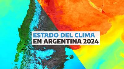 A map of Argentina with contrasting blue and orange color gradients and the text "Estado del clima en Argentina 2024" in the center.